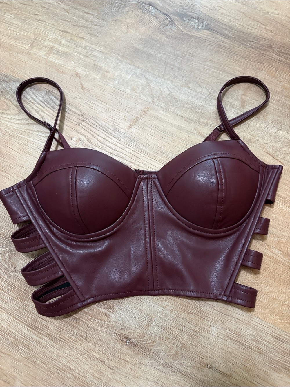 Haute Monde Burgundy Faux Leather Longline Bustier Bra